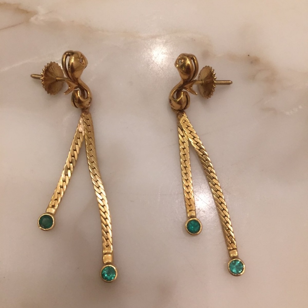 14k Gold Vintage Diamond and Emerald Earrings